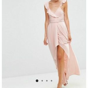 Light pink floor length dress.